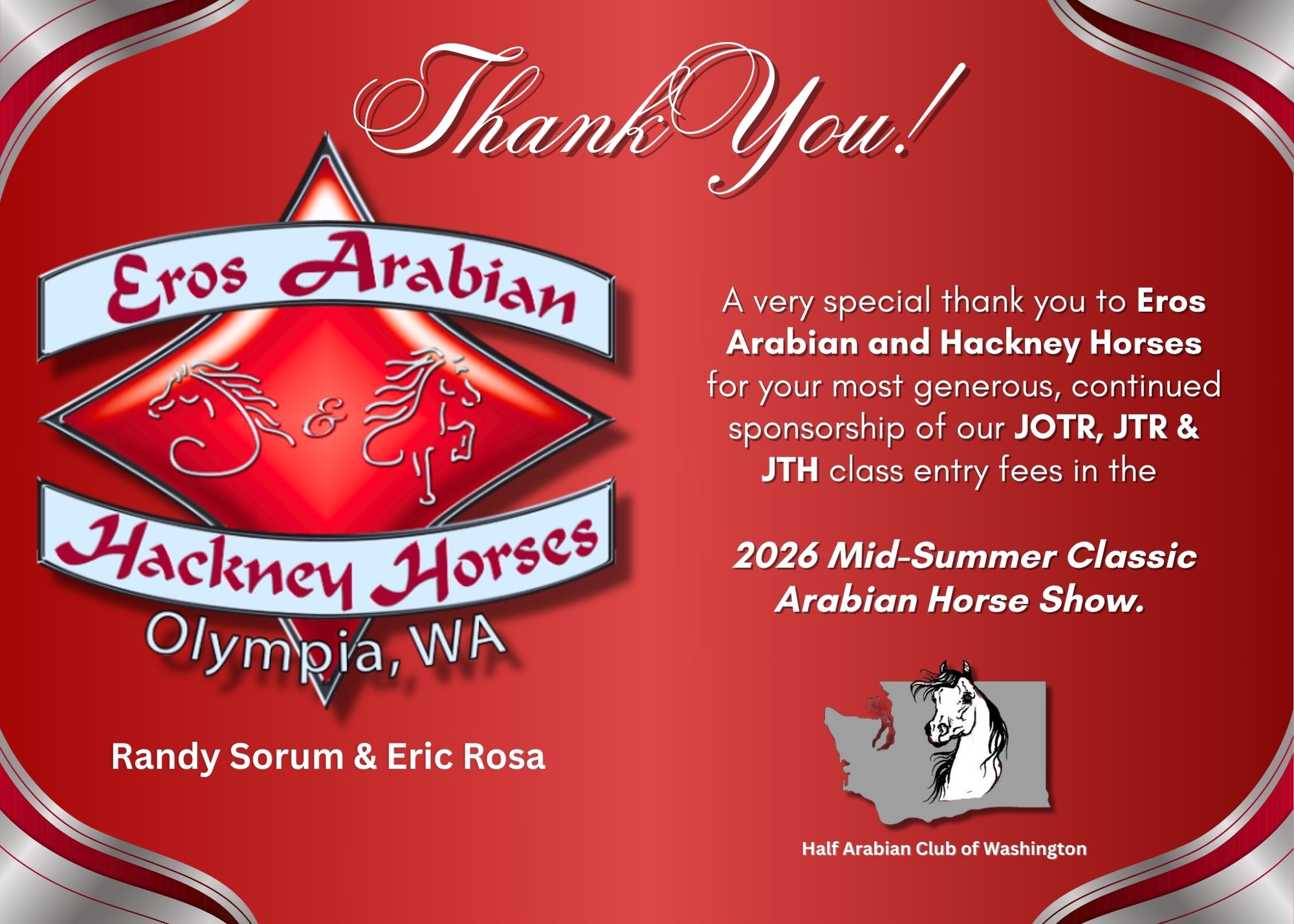Thank you Eros Arabians for your generous sponsorship!